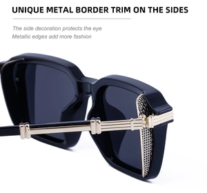 Detailed close-up of vintage steampunk sunglasses featuring gold woven metal side trim