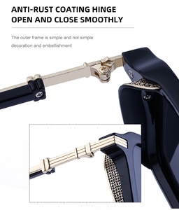 Detail of rust-proof gold metal hinges on retro black square steampunk sunglasses