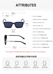 Size guide for square frame sunglasses with detailed lens width and frame dimensions