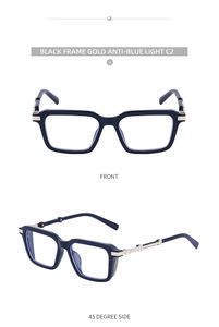 Detailed views of square black frames with gold metal temples for UV protection
