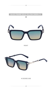 Detail view of steampunk square sunglasses with gold gear metal temple design and gradient lens