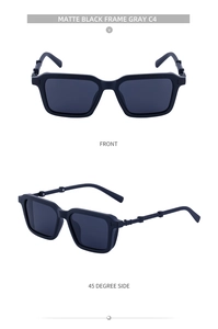 Detail view of matte black square frame sunglasses with unique metal temple hinge texture