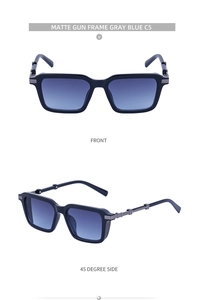 Steampunk rectangular sunglasses detail in matte gun frame and gray blue gradient lenses