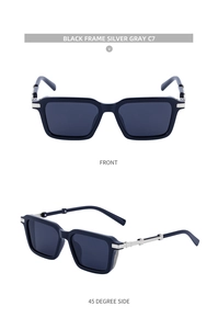 Detail of square black frame sunglasses with textured silver metal stripe on temple