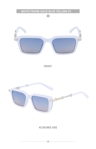 Front and 45 degree side view of white square frame sunglasses with blue-yellow lenses