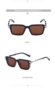 Close-up of retro square sunglasses with metal stripe hinge detail and brown lenses