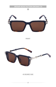 Detailed views of tortoise shell square sunglasses with golden metal hinge accents