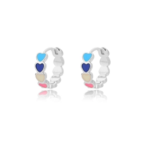 Close-up of heart-shaped colorful enamel hoops in polished silver finish for women