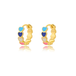 Close-up of gold-plated C-shaped earrings with colorful enamel heart details and a mirror reflection