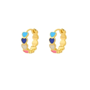 Minimalist C-shaped gold hoop earrings with colorful enamel hearts in blue and pink