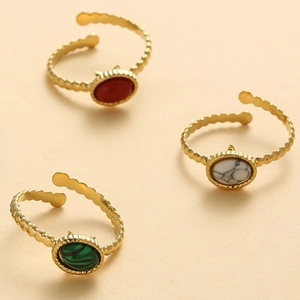 Oval Natural Stone Ring Stainless Steel Gold Plated Adjustable Open Finger Jewelry Bohemian Vintage Style Women