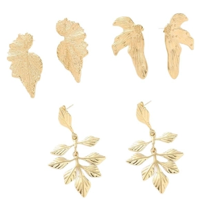 Three pairs of gold leaf earrings with French pleated texture and irregular leaf patterns