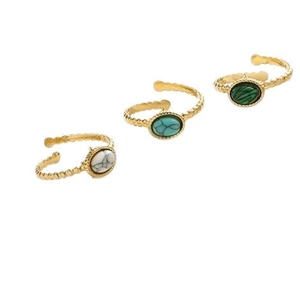 Three-piece gold beaded open ring set with marble, turquoise, and malachite stones