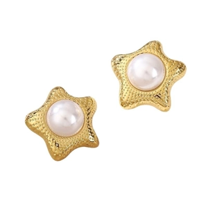Elegant gold-plated starfish stud earrings featuring a central white round pearl