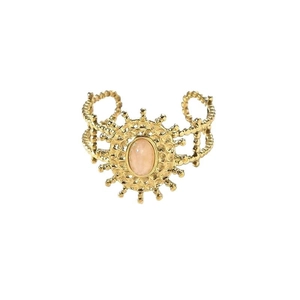 Anello girasole dorato boho con gemma rosa e fascia intrecciata dal design vintage