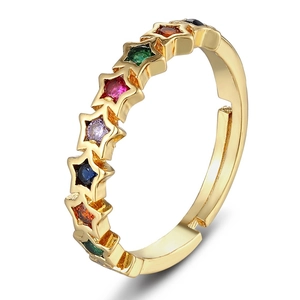 Adjustable gold ring with colorful star-shaped rainbow cubic zirconia in a modern design