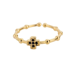 Adjustable gold plated cross ring with black zircon stones and beaded band detail