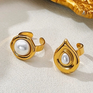 Bagues Künstliche Perles Irrégulières Acier Inoxydable Réglable Ouvert Martelé Design Bijoux De Mode Rétro Français
