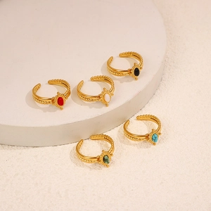 Set of bohemian gold adjustable rings with colorful oval natural stones for women