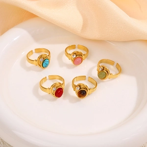 Vintage gold-plated double-layer adjustable ring set with colorful natural stones