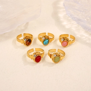 Vintage gold-plated ring set with colorful oval stones and adjustable bands for women