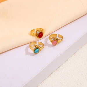 Set of three bohemian vintage open rings with colorful natural stones and gold plating