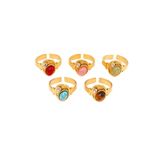 Set of five vintage gold-plated rings featuring colorful natural stones and adjustable bands