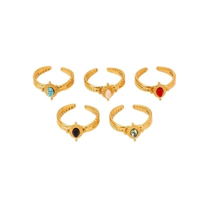 Five gold vintage oval natural stone rings with adjustable bands in assorted colors