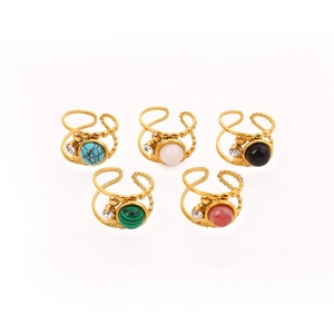 Set of five gold plated rings featuring colorful natural stones and sparkling zircon accents