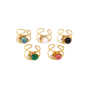Five-piece set of adjustable gold stainless steel rings with natural stones and rhinestones