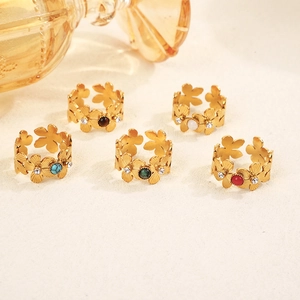 5-piece geometric flower open rings set with colorful stones and 18k gold plating