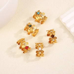 Five-piece 18k gold plated stainless steel flower rings with colorful stones and crystals