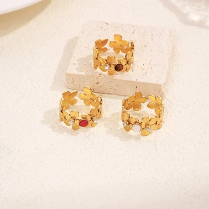 Three-piece set of 18k gold-plated geometric flower open rings with colorful stones