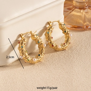 Textured gold U-shape earrings with colorful rhinestones and pearls, 2.5cm diameter