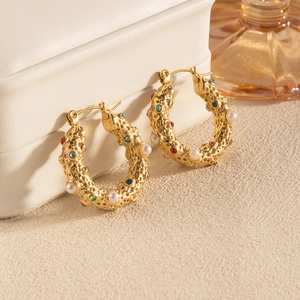 French vintage hammered gold hoop earrings with multi-color zircon and pearls