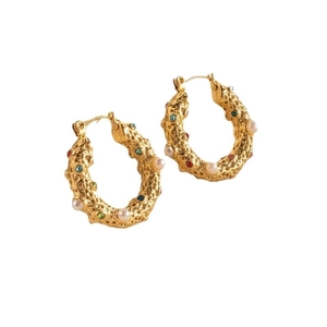 U-shaped gold-plated steel hoop earrings with colorful gemstones and pearls