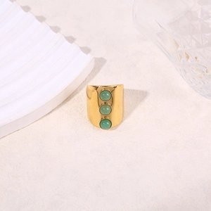 Wide gold plated titanium steel ring with three vertical green stones in vintage style