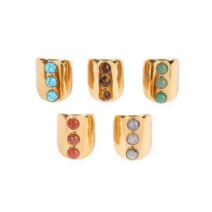 Set of five bohemian style gold-plated wide rings with three natural gemstone inlays