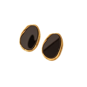 French vintage oval earrings with gold-edged black enamel in a minimalist geometric style