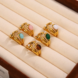 Retro Geometric Stainless Steel Open Rings For Women Natural Stone Inlaid Zircon Adjustable French Vintage Style