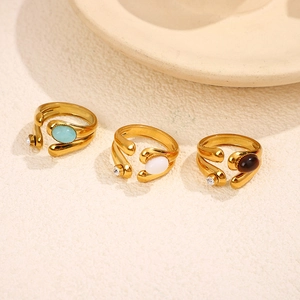 Three-piece set of gold titanium steel open rings with natural stones and zircons