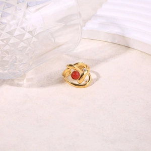 Chic multi-layer crisscross gold ring with a red bead and zircon accent for women