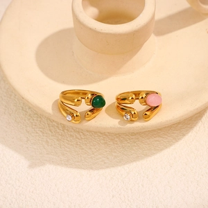 French vintage gold plated open rings set with green and pink natural stones