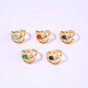 Detailed view of 5-piece adjustable gold layered rings set with colorful gemstone beads