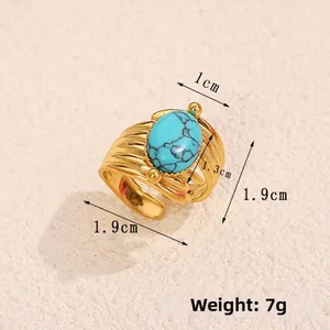 Detail view of the gold-tone ring with turquoise stone size and weight measurements