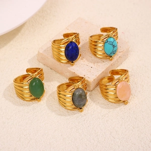 Five-piece gold stainless steel open ring set with multi-color natural stones and brushed finish