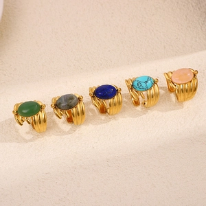 Adjustable gold plated rings with colorful natural stones and textured striped bands