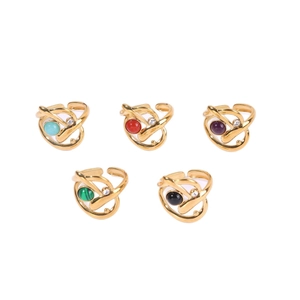 Five-piece set of golden multi-layer open rings with colorful gemstone cabochons