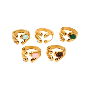 Five French vintage gold titanium rings with natural stones and geometric stripes in a set