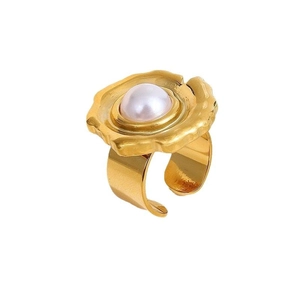 Verstellbarer goldener Wellenring mit großer Perle im geometrischen Vintage-Design